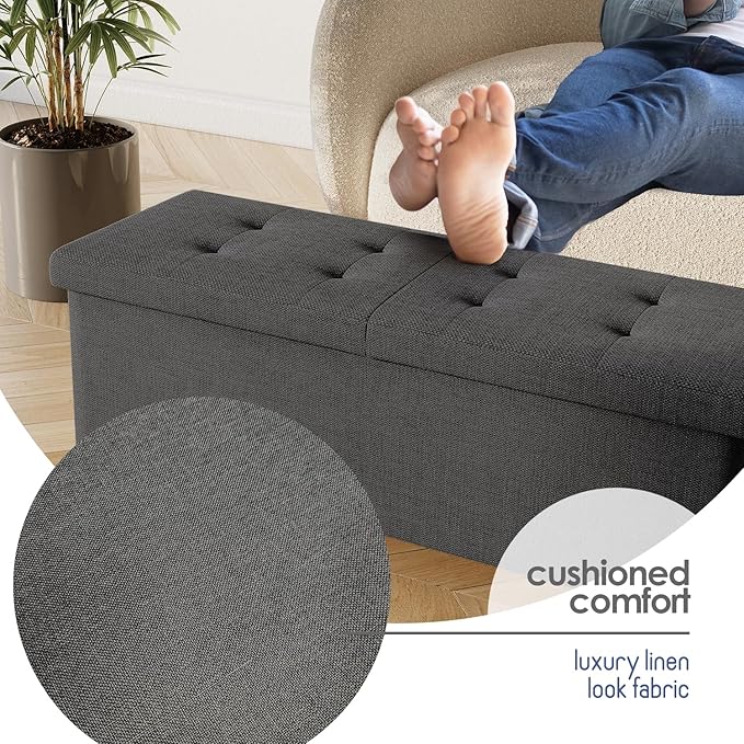 STORAGEBUD Storage Ottoman Bench with Bins, 43-in Storage Bench for Bedroom End of Bed, Folding Foot Rest Ottoman for Living Room Max 660lbs, Fabric Ottomans, Grey