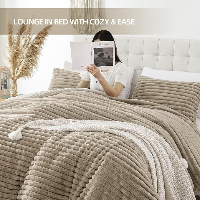 Smoofy Fluffy King Size Comforter Set 3 Pieces - Linen Fleece Fluffy Comforter Set, Luxury Fuzzy King Bedding Set, Soft King Bed Set All Season, Heavy Faux Fur Comforter with 2 Pillow Cases