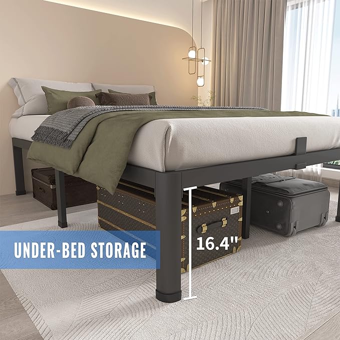 MAF 18 Inch California King Bed Frame with Round Corner Legs Mattress Slide Stopper No Box Spring Needed Heavy Duty Metal Platform Bed Frames, 3000 LBS Steel Slats Support