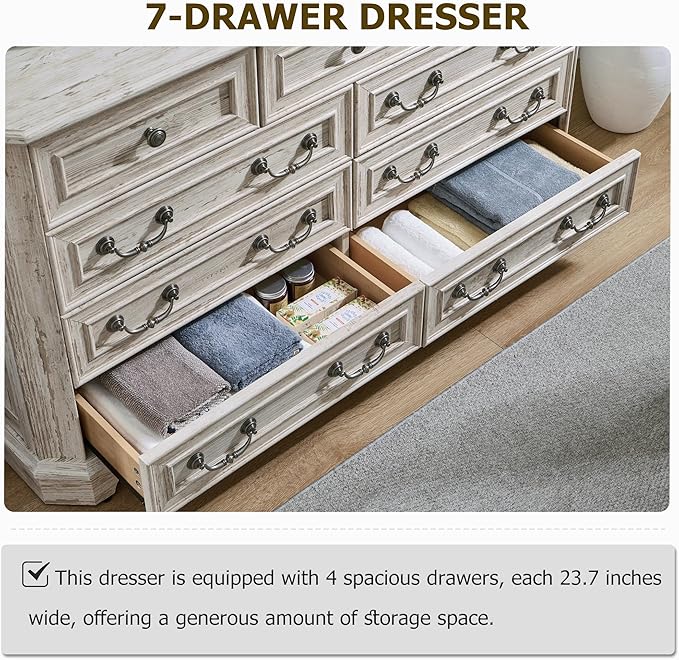 T4TREAM Farmhouse 9 Drawers Dresser for Bedroom, 54" Wide Wood Rustic Chest of Drawers with Natural Texture, Vintage Design, Storage Dressers Organizer for Bedroom, Living Room, Distressed White