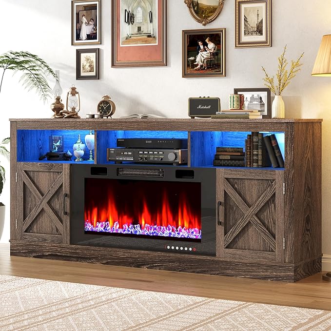 Farmhouse TV Stand with 36" Fireplace for 80" TV, 70" Entertainment Center with Barn Doors and LED Light, Tall Fireplace TV Stands for Living Room, Grey