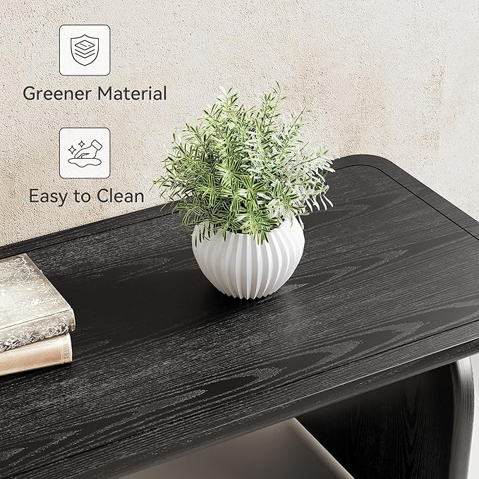 LITTLE TREE Farmhouse Coffee Table, 47 Inches Wooden Center Tables with Rounded Corners, Rectangular Living Room Tables, Modern Low Cocktail Tea Furniture for Living Room (Black)