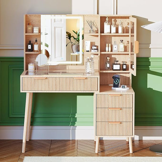 Fluted Vanity Desk with Mirror and Lights, 5 Drawers Glass Top Makeup Vanity with 10 Storage and 9-Grid Organizer, 3 Color Clear Glass Door Dressing Table with Charging Station, Natural Oak