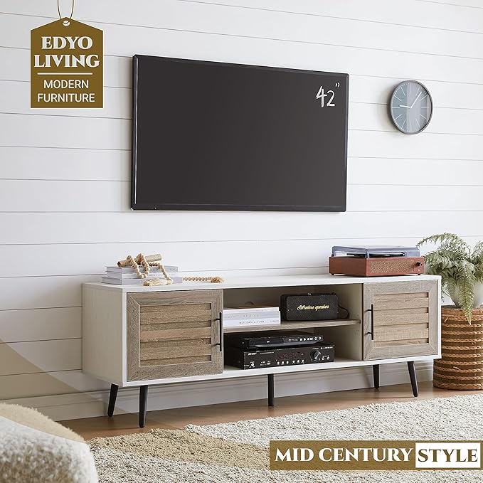 EDYO LIVING Mid Century Modern TV Stand for 65" TV, Wood TV Stand with Storage Cabinet and Open Shelf, Entertainment Center, TV Console Table for Living Room, White Walnut