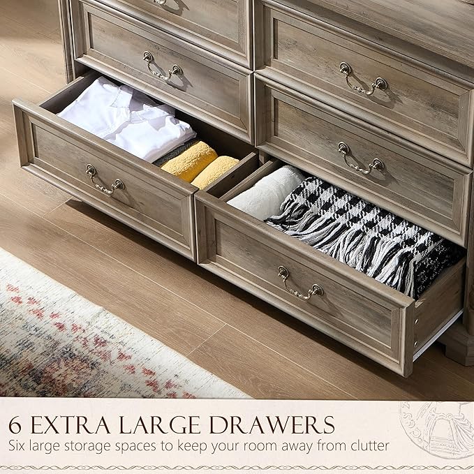 Yechen 6 Drawer Solid Wood Dresser for Bedroom,Storage Dressers Organizer, Vintage Farmhouse 6 Drawer Dresser for Bedroom,Heavy Duty Rustic Chest of Drawers for Living Room(Light Rustic Oak)