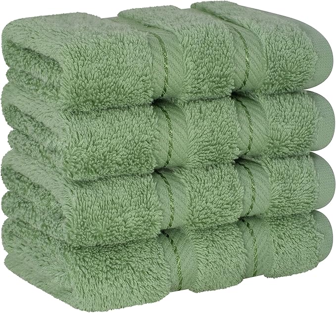 American Soft Linen Luxury Washcloths for Bathroom, 600 GSM 100% Cotton 4 Piece Turkish Wash Cloth Set, 13x13 in Soft Rags for Body and Face, Sage Green Washcloths
