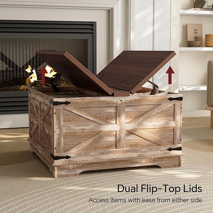 Farmhouse Coffee Table, Heavy-Duty Coffee Table with Storage, Square Wood Center Table Set for Living Room with Pull Up Large Hidden Storage Compartment,Rustic Brown