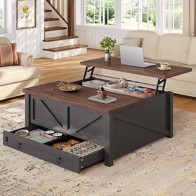 Itaar Wooden Coffee Table, Lift Top Coffee Table with Storage, Square Coffee Tables with Drawers and Hidden Compartment, Center Table for Living Room, Home Office, Black