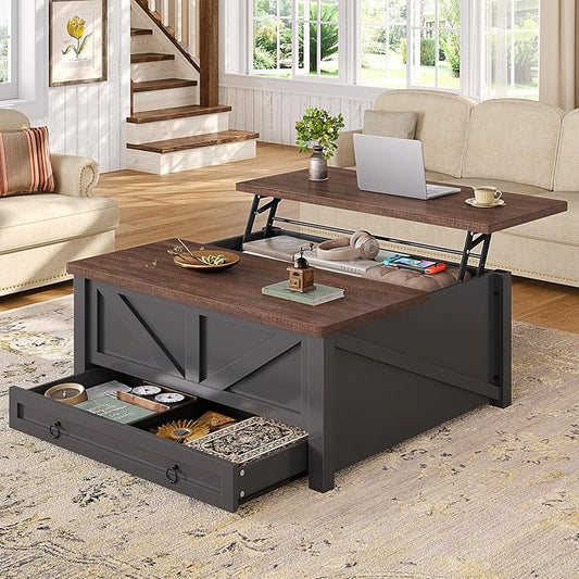 Itaar Wooden Coffee Table, Lift Top Coffee Table with Storage, Square Coffee Tables with Drawers and Hidden Compartment, Center Table for Living Room, Home Office, Black