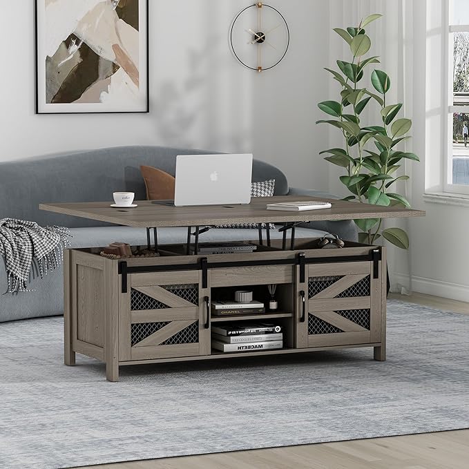 47.2" Lift Top Coffee Table, 4 in 1 Farmhouse Coffee Table with Storage and Sliding Barn Doors, Coffee Tables for Living Room, Dining Room (Grey)