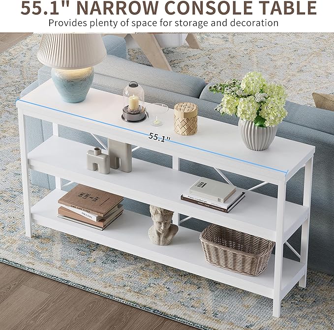 karlott 3-Tier Console Table, 55.1" Entryway Table with Metal Frame and Open Shelves, Modern Behind Couch Sofa Table for Living Room, Hallway, Foyer, Entrance, Industrial, Bookshelf, White