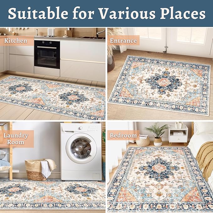 Tangsoo 2x5 Washable Runner Rug for Hallways, Non Slip Vintage Runner Rug, Soft Low Pile Long Print Distressed Blue/Orange for Kitchen Bedroom Entryway Bathroom Living Room