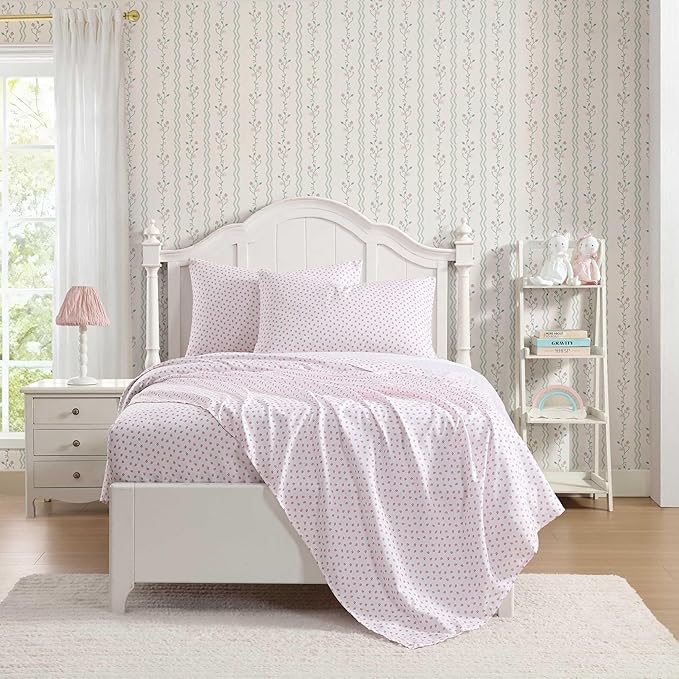 Laura Ashley - Kids Sheet Set, Ultra-Soft & Breathable Toddler Bedding with Matching Pillowcases, Wrinkle-Resistant, Ideal Girl Room Essentials (Sweet Lady Bugs Pink, Queen)