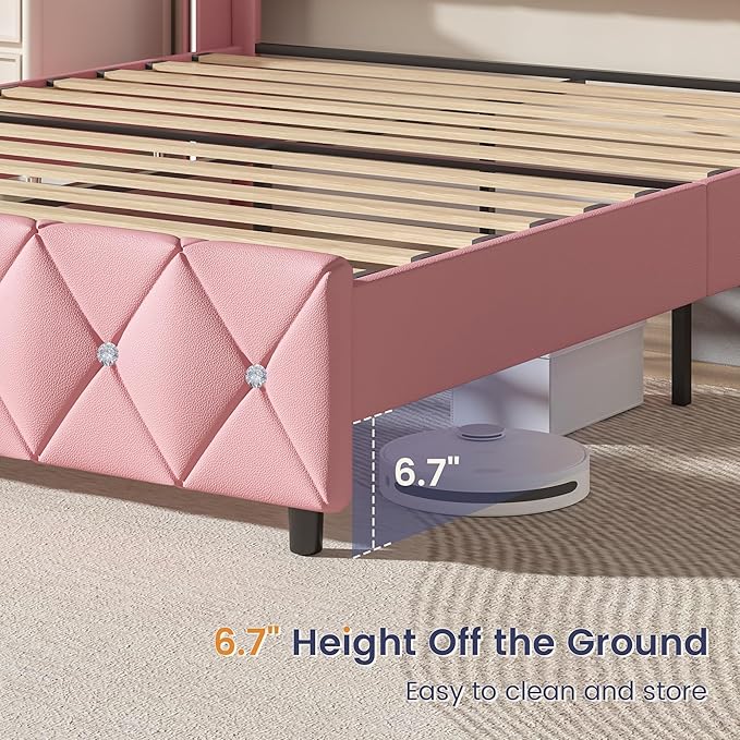 Queen Bed Frame with Headboard, Upholstered Bed Frames with Diamond Tufted Design and Wingback, Faux Leather, No Box Spring Required, Easy Assembly, Pink