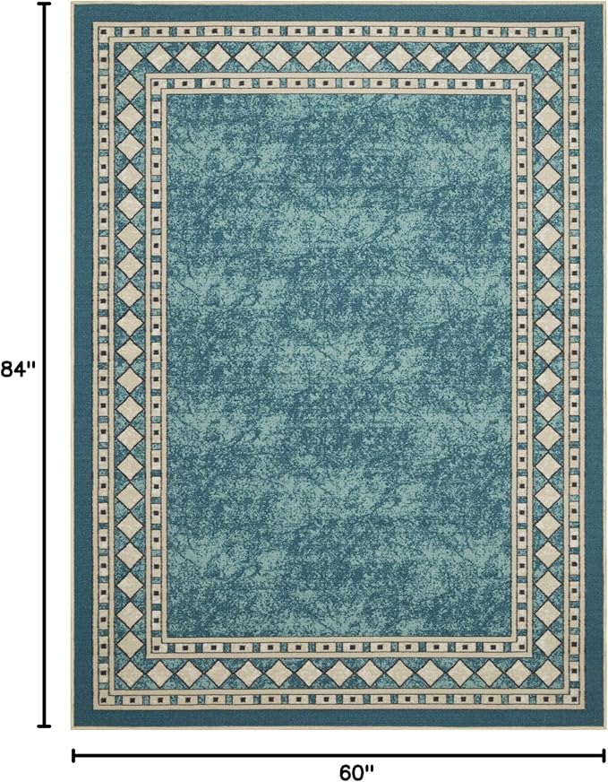 Antep Rugs Alfombras Modern Bordered 5x7 Non-Skid (Non-Slip) Low Profile Pile Rubber Backing Indoor Area Rugs (Blue, 5' x 7')