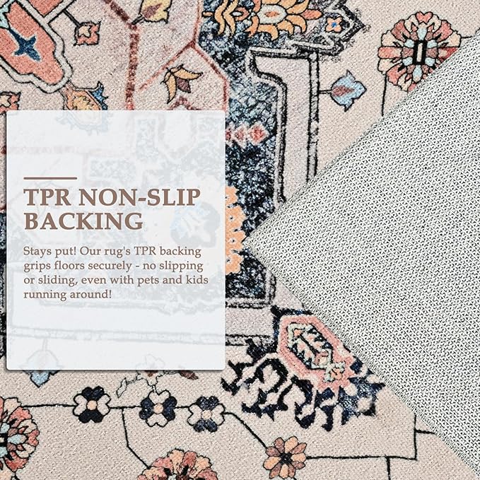 Vintage Area Rug 5x8 Rugs, Machine Washable Vintage Area Rug Non-Slip Low Pile Large Rug for Living Room, Bedroom, Farmhouse, Dining Room, Beige