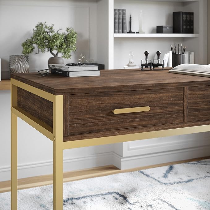 Martha Stewart Ollie Home Office Desk with 3 Drawers in Walnut Wood Grain with Polished Brass Hardware