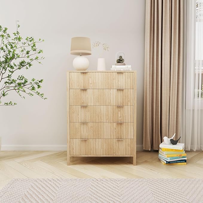 Fluted 5 Drawer Tall Dresser for Bedroom, Mid Century Modern Nightstand with Drawers, Tall Bedside Table for Closet Cloth, Living Room End Table with Storage for Dorm -Natural