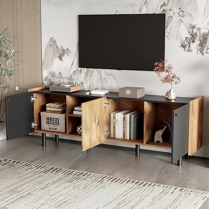 TV Stand for TVs up to 70 Inch TV, Mid Century Modern Entertainment Center with Storage Cabinets and Open Shelf, Media Console with Fluted Panel for Living Room