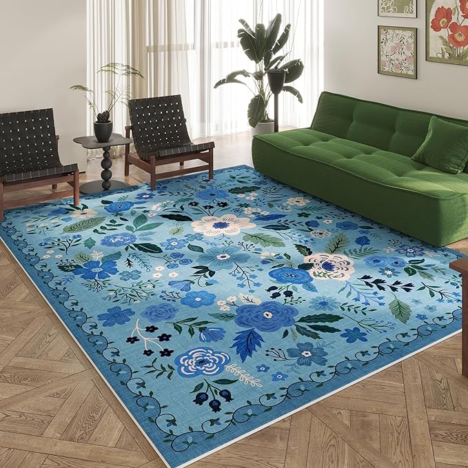 Living Room Rug 6x9 Rug Machine Washable Boho Area Rug Non Slip Floral Vintage Low Pile Large Rug for Living Room, Bedroom, Farmhouse, Dining Room, Kids Playroom(Blue)