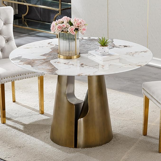 5-Piece Faux Marble Round Dining Table Set for 4, Modern Luxury Kitchen Table Set for 4 with Beige Tufted Chairs,Circle Dining Tables with Pandora Grain Top and Bronze Pedestal Base