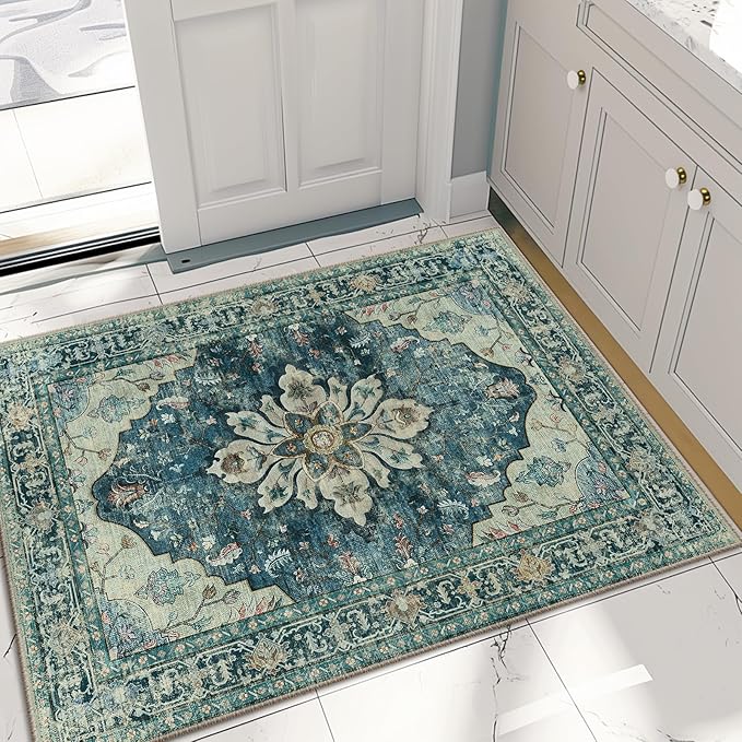 Area Rugs 2'x3' Washable Non-Slip, Floral Vintage Distress Print Pattern Medallion Carpet for Living Room Bedroom Dining Room, Dark Blue Vintage