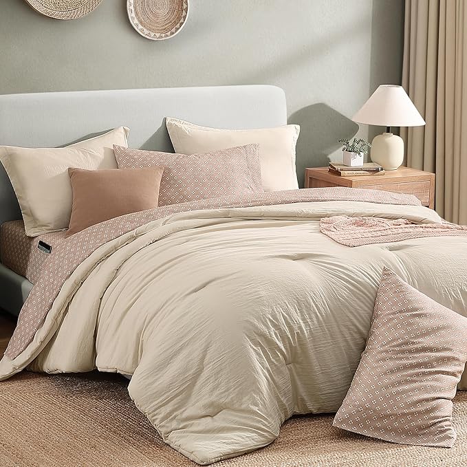Monbix Queen Comforter Set - 7 Pieces Beige Prewashed Bed in a Bag Queen Bedding Sets with Comforters, All Seasons Down Alternative Comforter Bed Set with Sheets,Pillowcases & Shams
