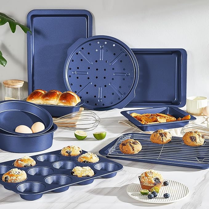 HONGBAKE Bakeware Sets, Baking Pans Set, Nonstick Oven Pan for Kitchen with Wider Grips, 10-Piece Including Rack, Cookie Sheet, Cake Pans, Loaf Pan, Muffin Pan, Pizza Pan - Blue