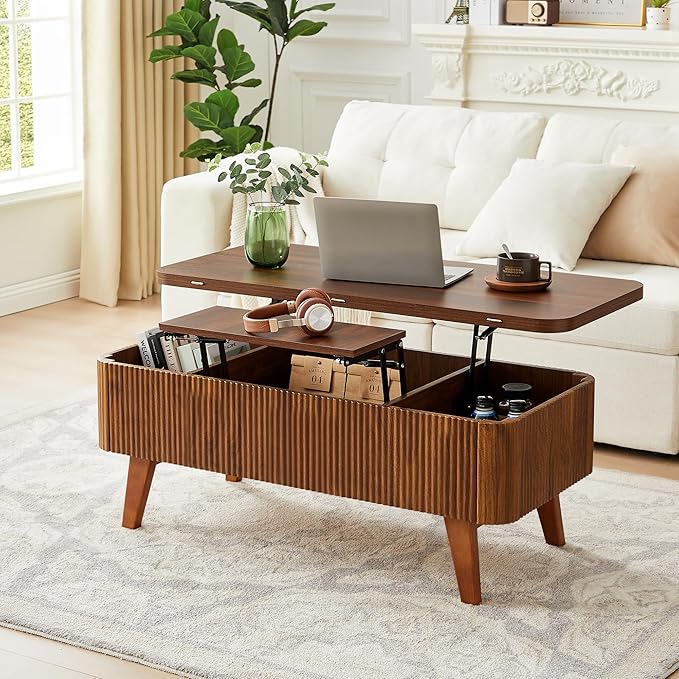 3 in 1 Lift Top Coffee Table, Fluted Convertible Coffee Tables Converts to Dining Tables, Modern Oval Wooden Center Table with Storage for Living Room Office Small Space, Partial Assembly (Walnut)