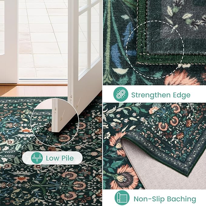 Area Rug Living Room Rug, 4X6 Rugs for Living Room Floral Boho Low Pile Super Soft Washable Rug, Stain Resistant Indoor Floor Non-Slip Carpet for Bedroom Bedside Dining Room Kitchen Nursery, Green