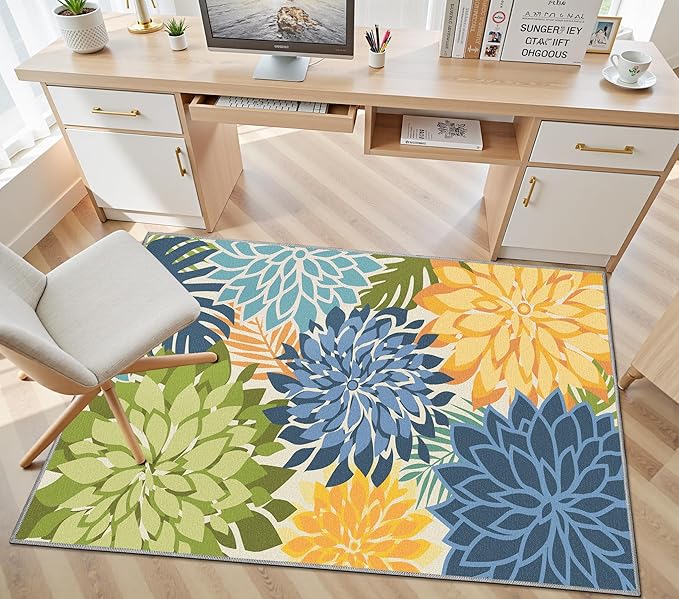 Area Rug 3x5 Yellow Green Washable Entry Rug Multicolored Tropical Botanical Modern Floral Indoor Kitchen Door Mat Entrance Carpet Non Slip for Bedroom Living Room, Porch