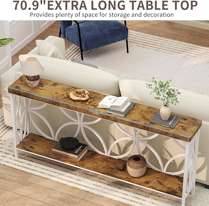 karlott 70.9 inch Extra Long Console Table, Industrial Sofa Table Behind Couch with 2 Tier Storage Shelf, Narrow Long Entryway Table for Living Room, Foyer, Hallway, Office, White