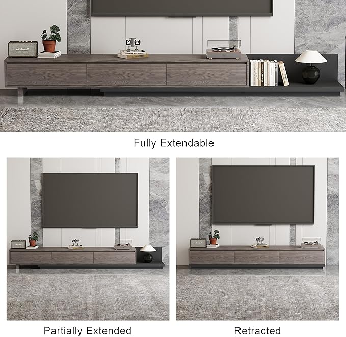 Mid-Century Modern Extendable TV Stand with Ample Storage for Living Room – Adjustable TV Cabinet from 78.7" to 130", 3-Drawer Entertainment Center, Black Walnut