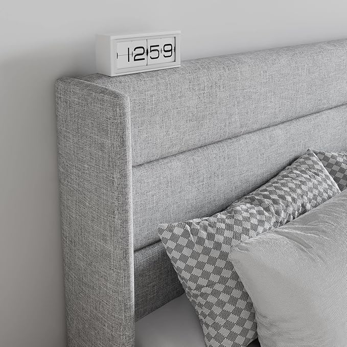 SHA CERLIN King Size Lift Up Storage Bed/Modern Wingback Headboard/Upholstered Platform Bed Frame/Hydraulic Storage/No Box Spring Needed/Wood Slats Support/Light Grey