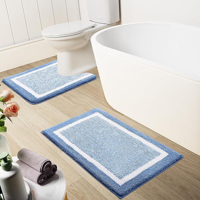 OLANLY Toilet Rugs U-Shaped 24x20, Extra Soft and Absorbent Microfiber Bathroom Rugs, Non-Slip, Machine Wash Dry, Plush Shaggy Contour Bath Mats for Toilet Base (Blue and White)
