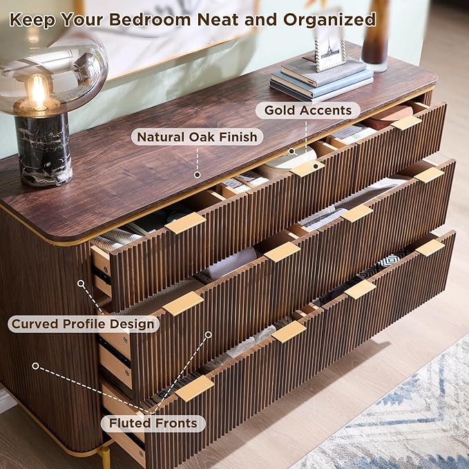 T4TREAM 7-Drawer Dresser Fluted Design, with Gold Accents (Dark Walnut)