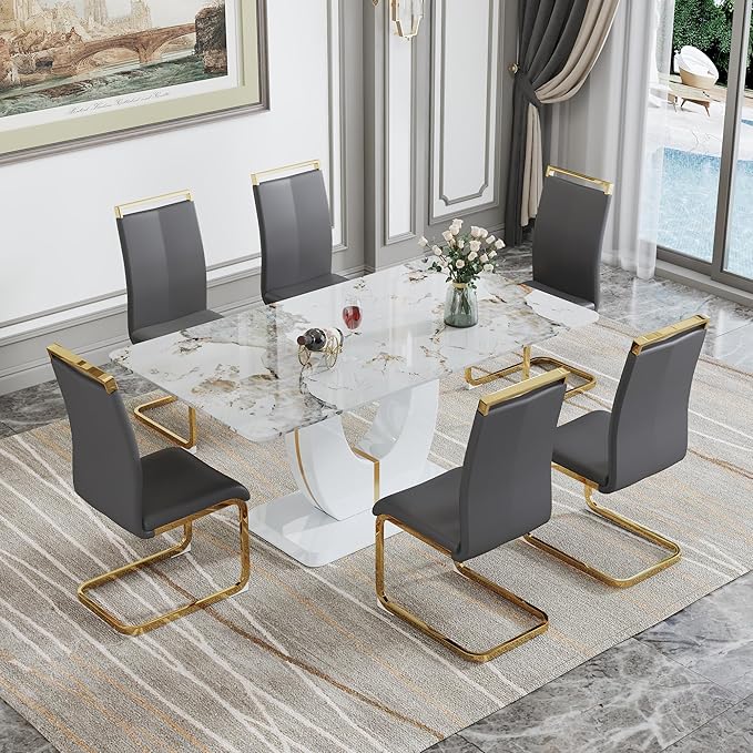 Dining Table Set for 6, Kitchen Table Chairs Set of 6, Modern Dining Room Set 71'' Faux Marble Dinner Table PU Leather Upholstered Chairs for Kitchen (Grey-Golden, 71” White Table Set)
