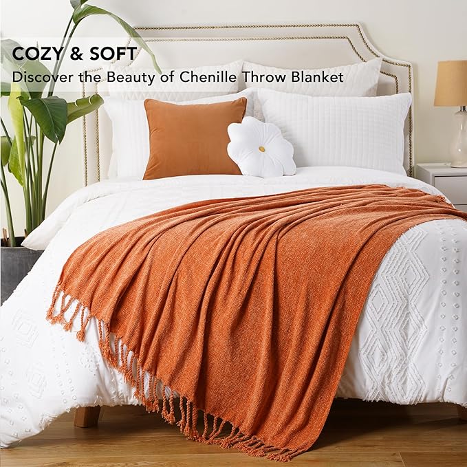 BATTILO HOME Burnt Orange Throw Blanket for Couch, Decorative Fringe Velvety Orange Throw Blanket for Bed, Fall Decor Blankets & Throws, 50"x60"