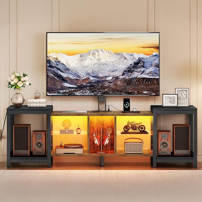 YITAHOME TV Stand with Mount for Living Room, TV Stand for 70inch TV with Power Outlet & LED Lights, LED Entertainment Center, Gaming TV Console Cabinet, Rustic Brown & Black