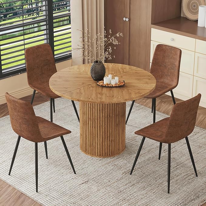 AZmac Round Dining Table Set for 4, Wooden Round Table 5-Piece with Modern Farmhouse Dining Table and 4 Suede Leather Chairs for Kitchen Dining Room, Wooden Table + 4 Saddle Brown Chairs