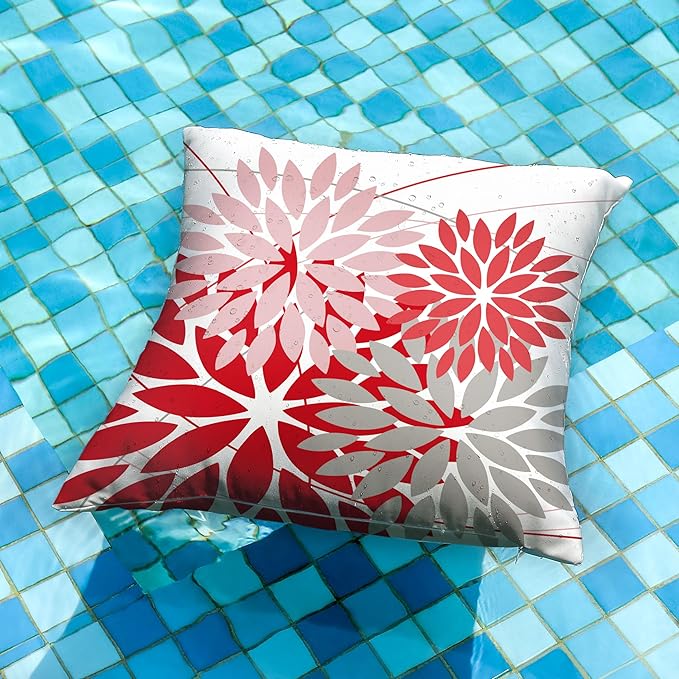 DFXSZ Outdoor Pillow Covers - 18x18 Inch Set of 2, Pink, Red, Grey Flower Decorative, Waterproof, Summer, Valentine's, Patio, Garden, Couch