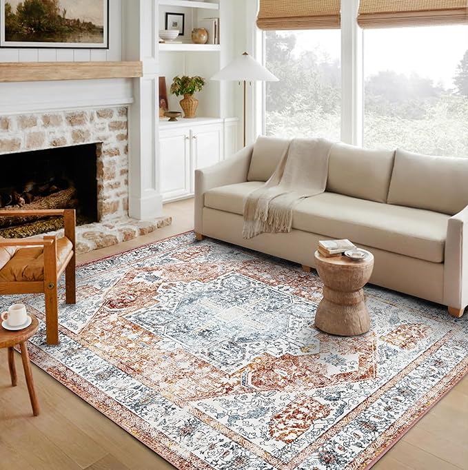 4x6 Washable Vintage Area Rug Tangerine Traditional Floor Cover Foldable Rug Retro Kitchen Accent Rug Indoor Distressed Non Slip Carpet Floral Print Mat Bedroom Living Room Bathroom