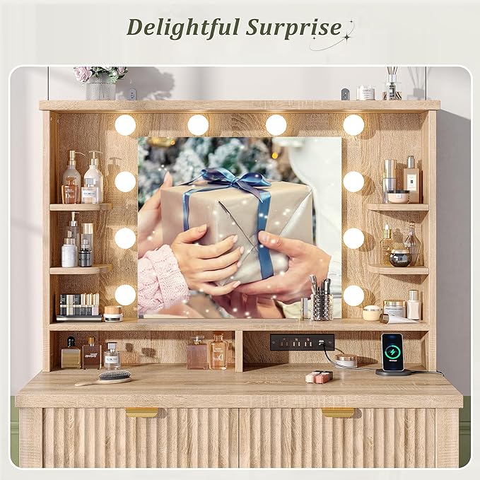 Vanity Desk with HD Mirror and 3-Color Adjustable Lights, Fluted Makeup Vanity with Storage Stool, 2 Large Drawers & Charging Station, Small Vanity for Women's Bedroom, Dressing Room, Oak