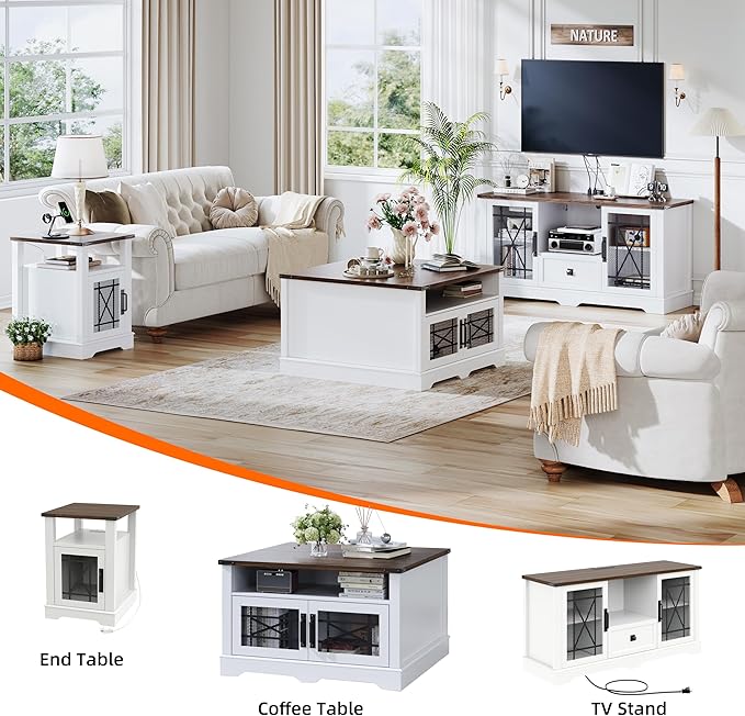Entertainment Center White TV Stand with Charging Station Modern 55'' Television Stand Console with Adjustable Storage Shelves, Rustic Media Storage Cabinet for Living Room and Bedroom