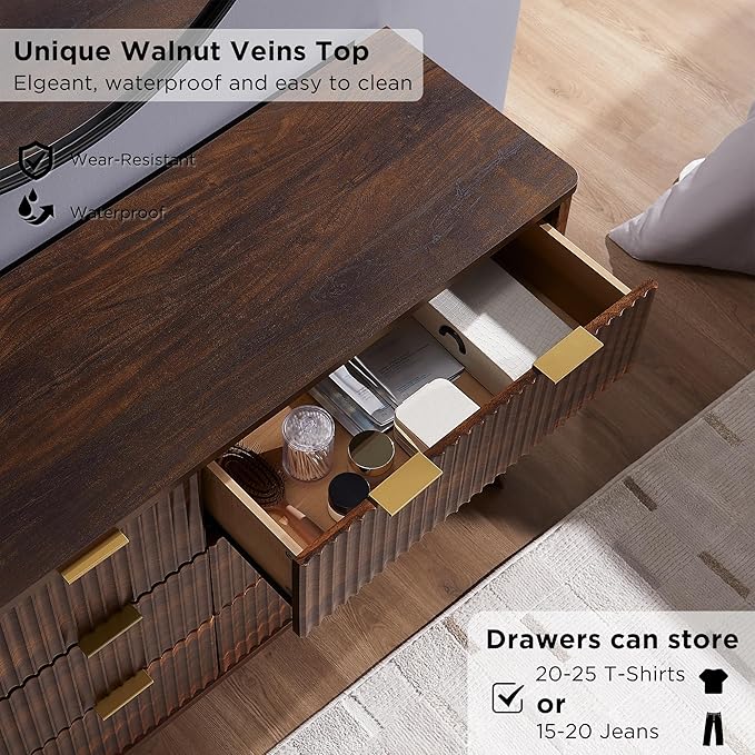 T4TREAM Fluted 6 Drawers Dresser, 54" Wide Modern Chest of Drawers, Curved Profile Design, Dresser TV Stand, Wood Drawer Organizer for Bedroom, Living Room, Hallway, Dark Walnut