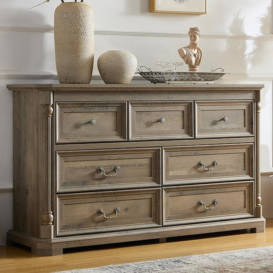 Yechen Rustic 7-Drawer Solid Wood Dresser for Bedroom & Living Room – Vintage Storage Cabinet with Decorative Hardware, Sturdy Construction & Versatile Organizing Solutions (Light Rustic Oak)