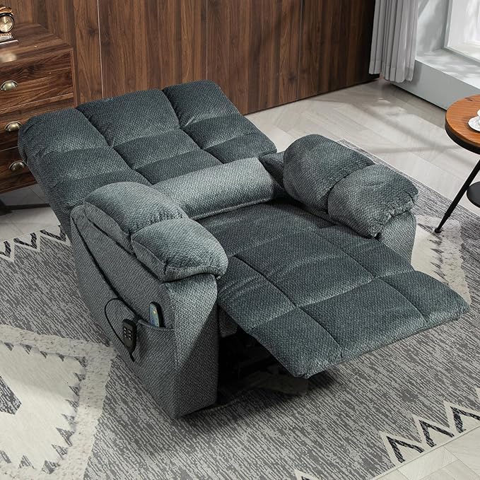 3-Motor Lift Chair with Adjustable Seat Height Zero Gravity Lay Flat Recliner with Heat Massage - Flip Arm Storage Cup Holders - Power Lift Recliner for Elderly – Big Tall 400 lbs (Slate Blue)