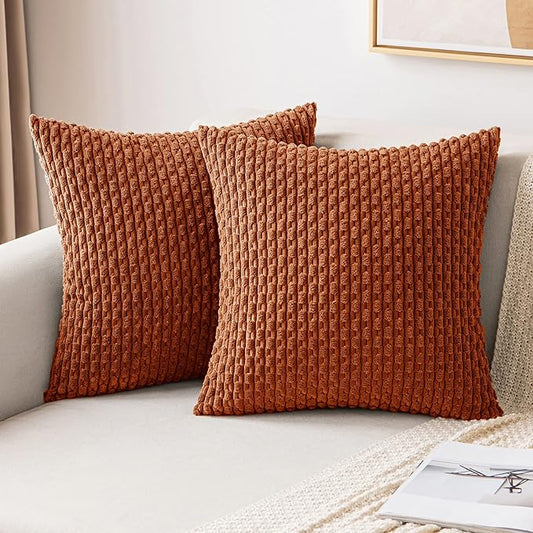 MIULEE Fall Rust Throw Pillow Covers Soft Corduroy Decorative Set of 2 Boho Striped Pillow Covers Pillowcases Farmhouse Home Decor for Couch Bed Sofa Living Room 18x18 Inch