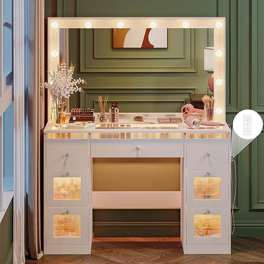 Vanity Desk with Mirror and Lights 3 Colors, Glass Top Vanity with 7 Lighted Drawers & Power Outlet, Makeup Desk with Mirror for Women & Girls, Dressing Table for Bedroom, White