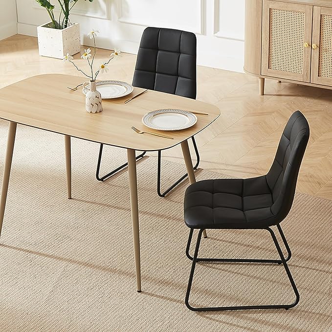 47.2" Modern Dining Table Set for 4, Wood Table with 4 Black Leather Chairs, Stylish Kitchen & Dining Room Furniture, Space-Saving Table and Chairs Set